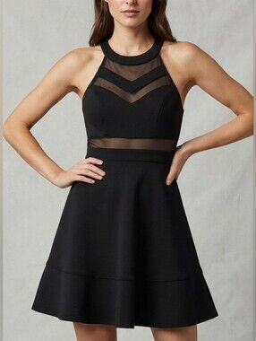 Honey and Rosie Black Halter Neck Illusion Fit & Flare Skater Dress Size Medium